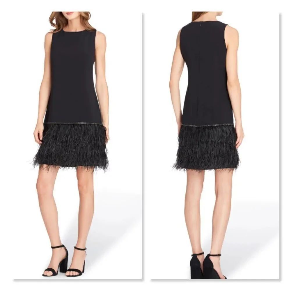 Tahari Feather Detail Sleeveless Crepe Shift Dress - size 10P in Black